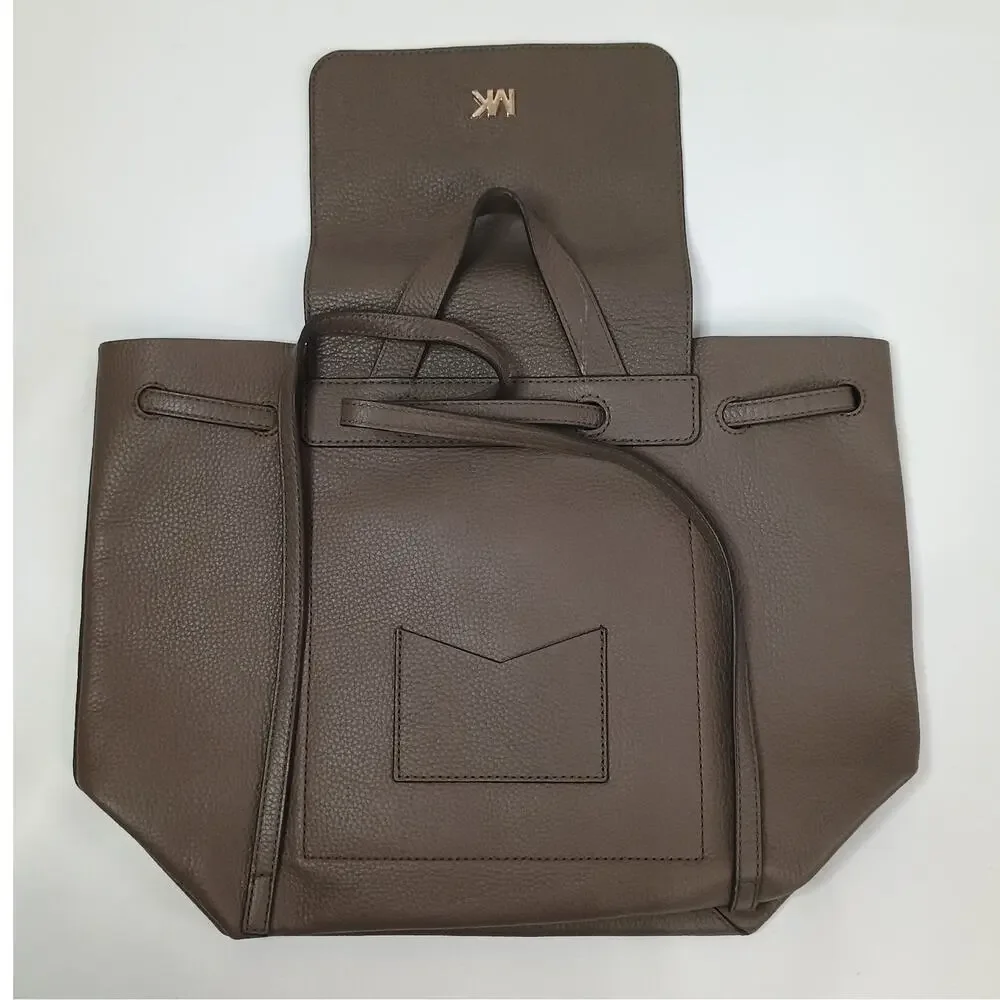 Michael Kors Junie Medium Flap Backpack Pebbled Leather Gold Hardware Taupe Bag